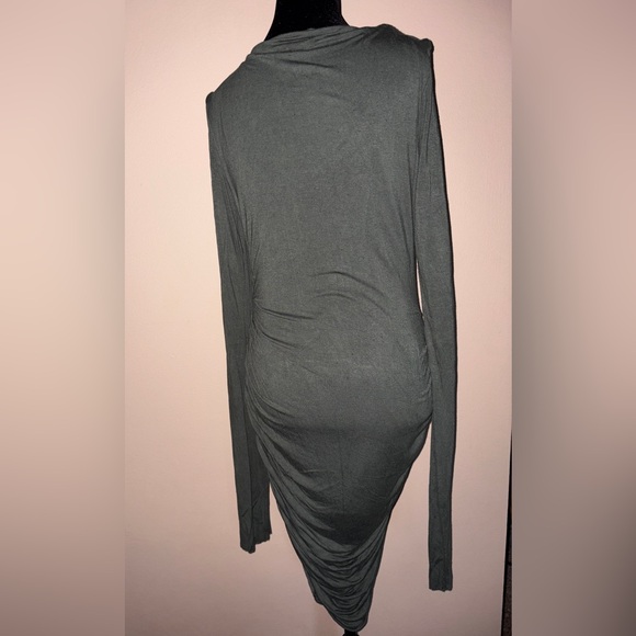 VENUS Asymmetrical Olive Long Sleeve Ruched Dress - Picture 7 of 9